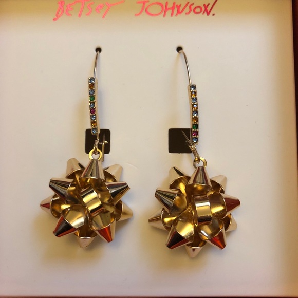Betsey Johnson Gold Tone Metal Bow Drop Earrings Crystal Accents NIB - Picture 7 of 13